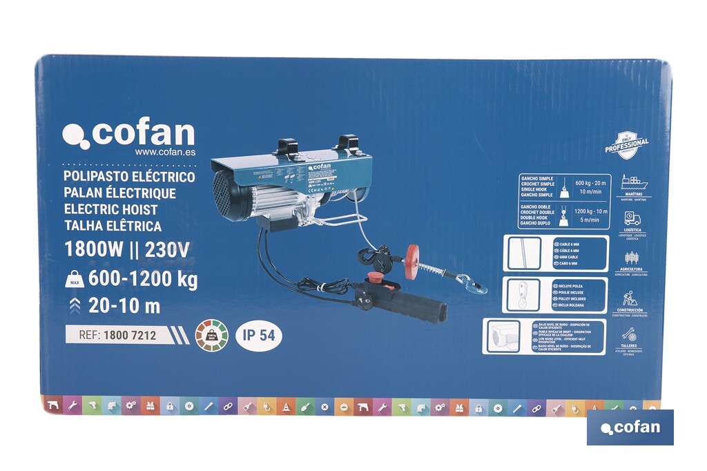 POLIPASTO ELÉCTRICO 1800 W 600/1200 KG ELEVACIÓN 10/20 M