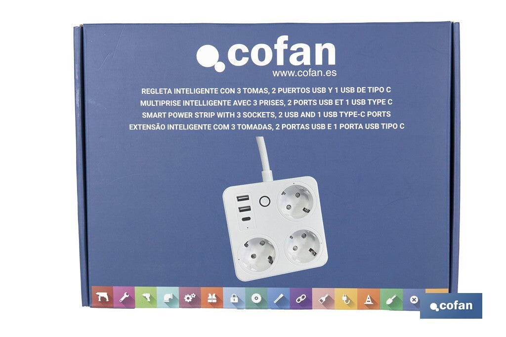 REGLETA INTELIGENTE CON 3 TOMAS Y 2 PUERTOS USB Y TIPO C