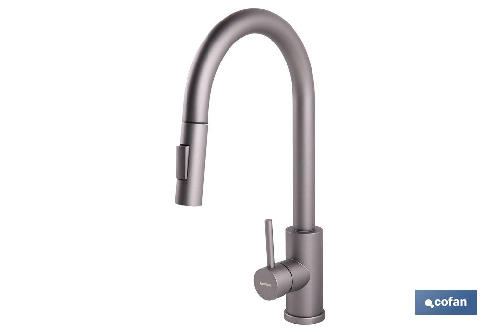 GRIFO DE COCINA ANTRACITA DE ACERO INOX. CON MANGUERA EXTENSIBLE Y 2 FUNCIONES 400 X 220 X 54 MM