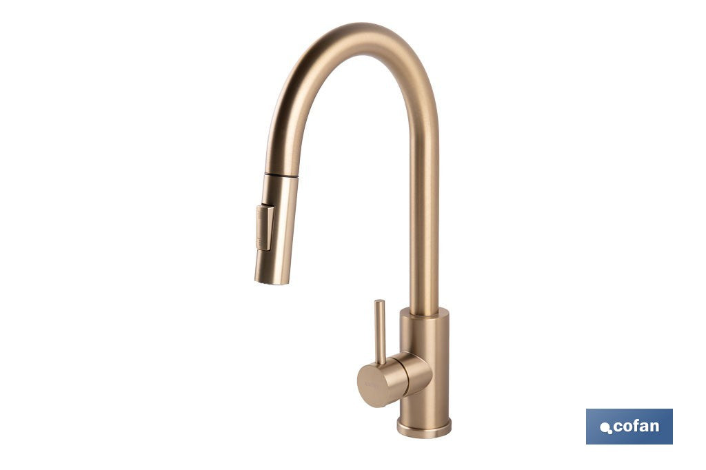 GRIFO DE COCINA CEPILLADO DORADO DE ACERO CON MANGUERA EXTENSIBLE Y 2 FUNCIONES 400 X 220 X 54 MM