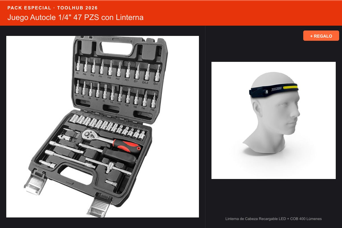 Pack Oferta Toolhub — Juego Autocle 1/4" 47 PZS con Linterna