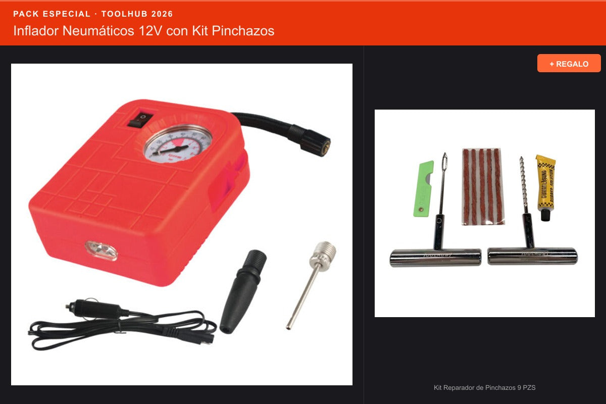 Pack Oferta Toolhub — Inflador Neumáticos 12V con Kit Pinchazos