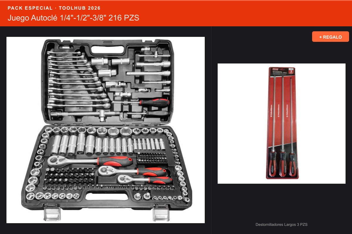 Pack Oferta Toolhub — Juego Autoclé 1/4"-1/2"-3/8" 216 PZS