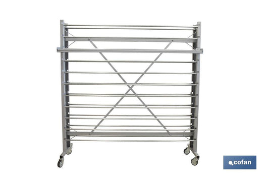 EXPOSITOR DE HULES Y MANTELES HORIZONTAL CON CORTADOR Y RUEDAS PARA 22 ROLLOS