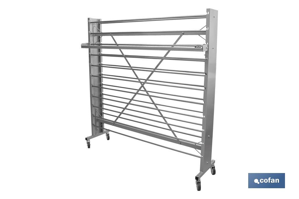 EXPOSITOR DE HULES Y MANTELES HORIZONTAL CON CORTADOR Y RUEDAS PARA 22 ROLLOS