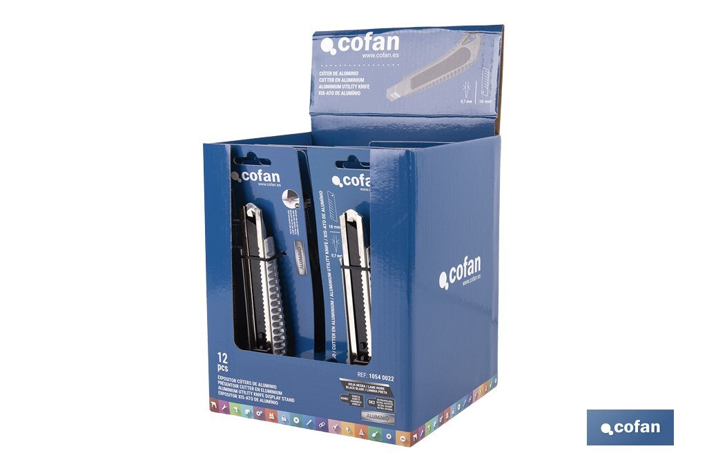 EXPOSITOR DE CÚTER DE ALUMINIO 18 MM 12 UDS.