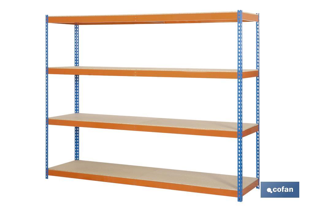 ESTANTERÍA MEDIA CARGA AZUL/NARANJA 4 BALDAS DE MADERA 2000 X 1500 X 600 MM
