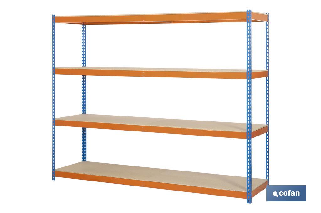 ESTANTERÍA MEDIA CARGA AZUL/NARANJA 4 BALDAS DE MADERA 2000 X 1800 X 600 MM