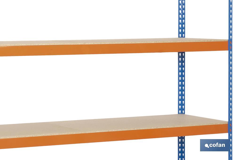 ESTANTERÍA MEDIA CARGA AZUL/NARANJA 4 BALDAS DE MADERA 2000 X 2400 X 600 MM