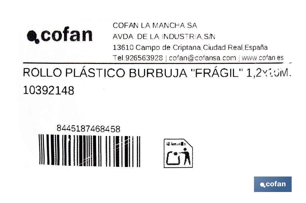ROLLO DE PLÁSTICO DE BURBUJA "FRÁGIL" 40 G/M2, 1,2 X 10 M
