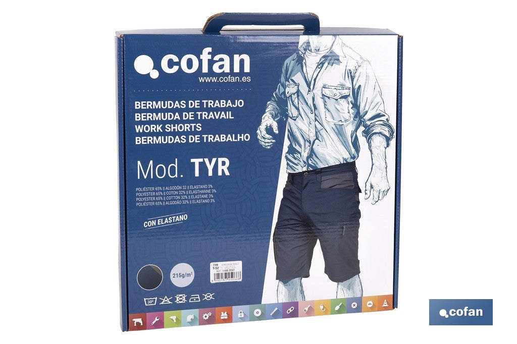 BERMUDAS DE TRABAJO TYR ELASTANO 215 G/M2 AZUL MARINO CON DETALLES GRISES TALLA 38