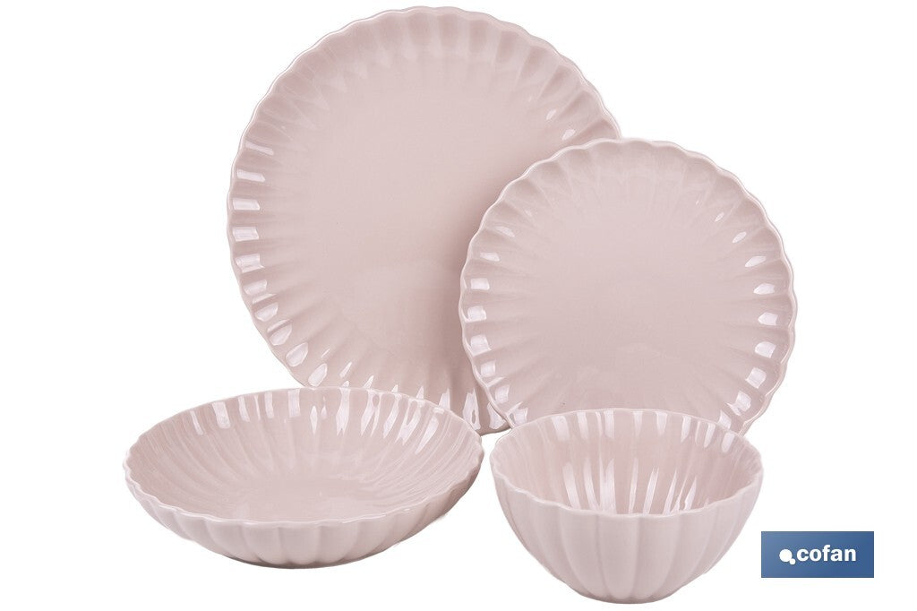 VAJILLA DE PORCELANA EN RELIEVE COLOR ROSA NUDE ESMALTADO 16 PIEZAS