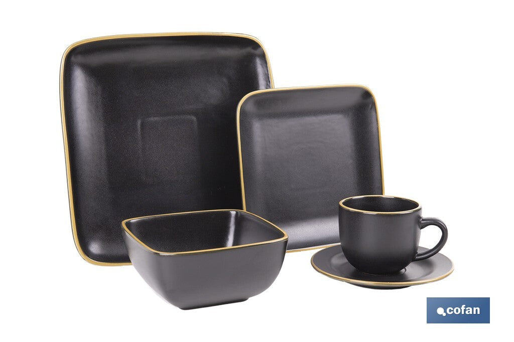 VAJILLA DE CERÁMICA DE COLOR NEGRO ESMALTADO DE FORMA CUADRADA CON BORDE VINTAGE 20 PIEZAS
