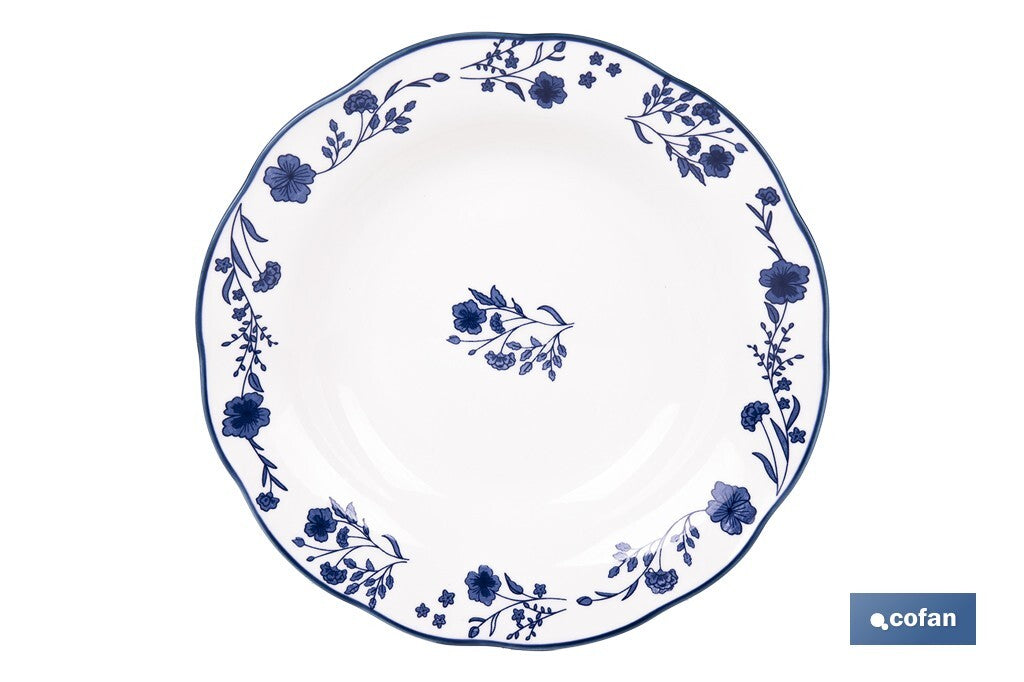 VAJILLA DE PORCELANA CON DETALLE FLORAL AZUL ESMALTADO DE FORMA IRREGULAR 18 PIEZAS