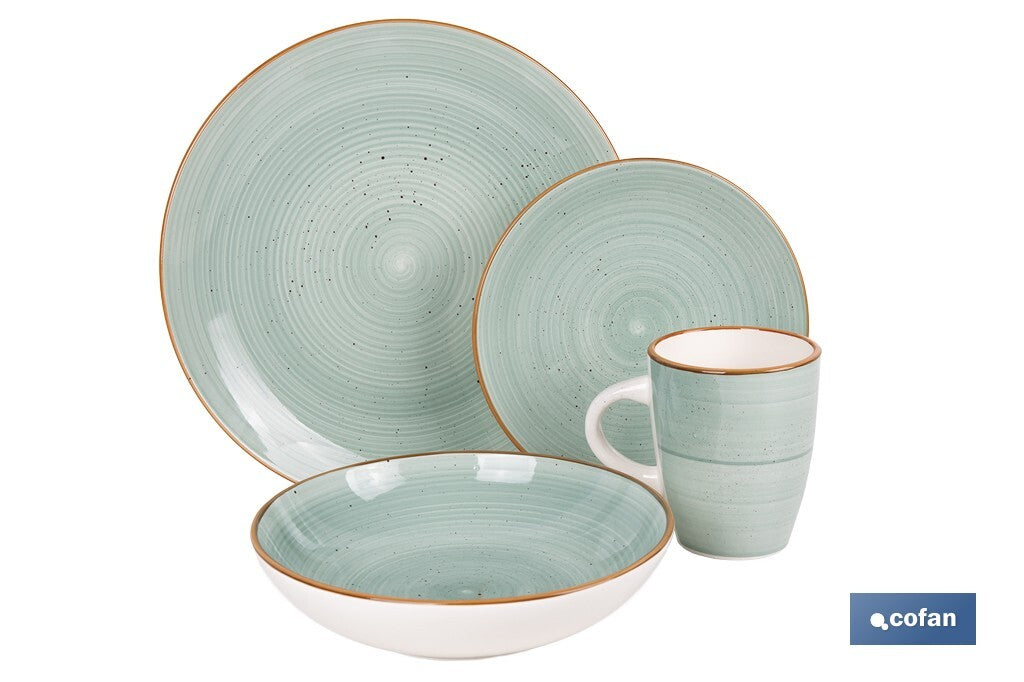 VAJILLA DE CERÁMICA PINTADA A MANO VERDE AGUA ESMALTADO CON BORDE VINTAGE 16 PIEZAS