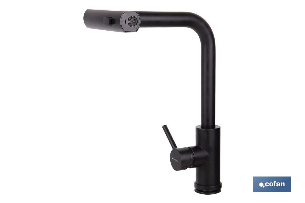 GRIFO DE COCINA NEGRO DE ACERO CON MANGUERA EXTENSIBLE Y 3 FUNCIONES 340 X 240 X 54  MM