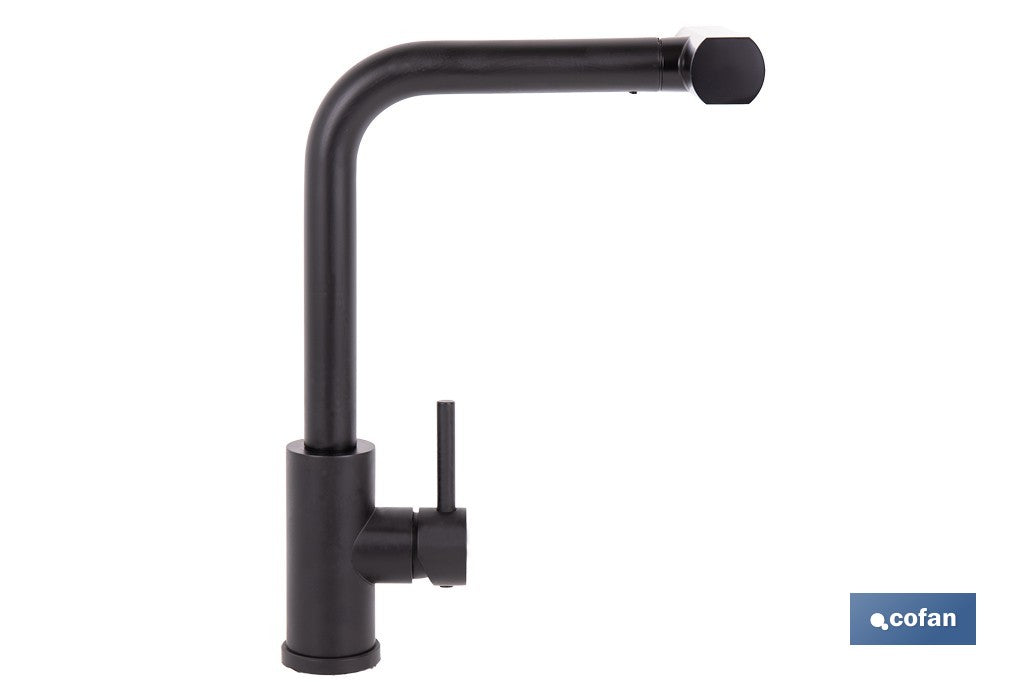 GRIFO DE COCINA NEGRO DE ACERO CON MANGUERA EXTENSIBLE Y 3 FUNCIONES 340 X 240 X 54  MM