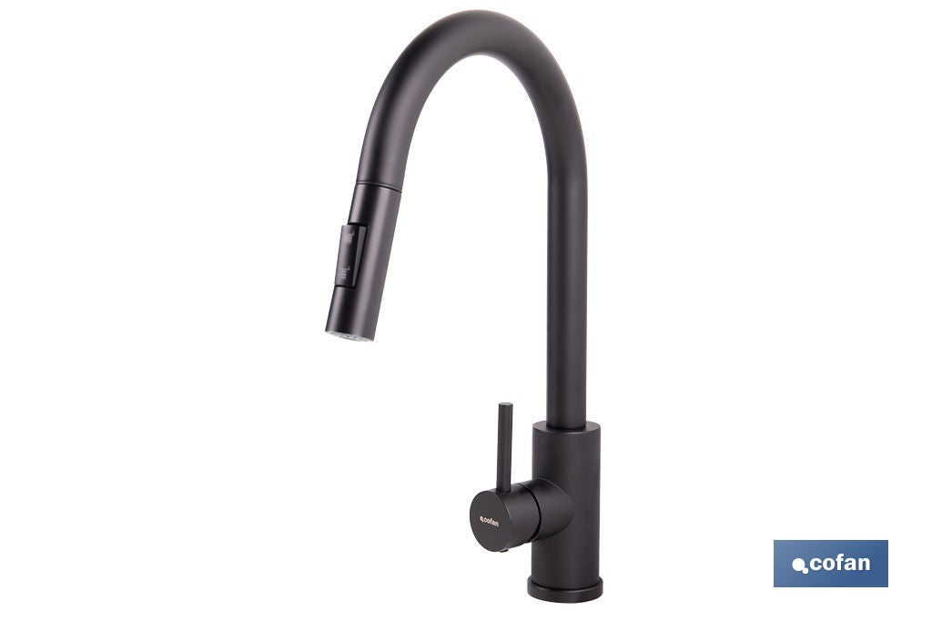 GRIFO DE COCINA DE ACERO NEGRO CON MANGUERA EXTENSIBLE Y 2 FUNCIONES 390 X 250 X 54 MM